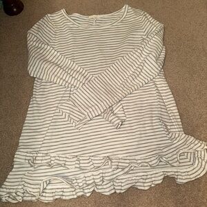 Striped Ruffle-Hem Long Sleeve Top - Cream & Gray